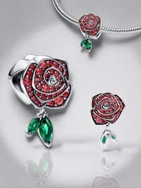 Pandora Sterling Silver Sparkling Rose In Bloom Charm With Red & Green Crystals